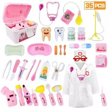 Медицинский набор для детей — 35 предметов: оборудование для ролевых игр «Доктор», набор «Стоматолог» для детей, игровой набор «Доктор» в подарочном футляре (розовый) Medical Kit for Kids
