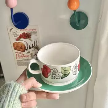 Medieval Ceramic Coffee Cup and Plate Set Vintage Office Afternoon Tea Cups Home Breakfast Milk Cup with Gift Cup Birthday Gift 210ml