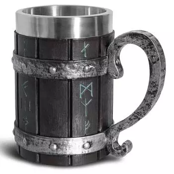 Medieval Runes Oak Barrel Beer Mug Stein 3D Resin & Stainless Steel Tankard Nordic Symbol Coffee Drink Cup for Men Father s Gift 600ml