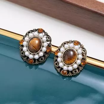 Medieval Style Diamond-Set Pearl Tiger S Eye Stone Stud Earrings, High-End Retro Earrings, Niche Maillard Earrings.