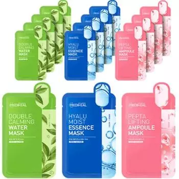 Mediheal Double Calming Water Mask 5p + Hyalu Moist Essence Mask 5p + Pepta Lifting Ampoule Mask 5p, 5 шт, 1 комплект Популярная корейская косметика