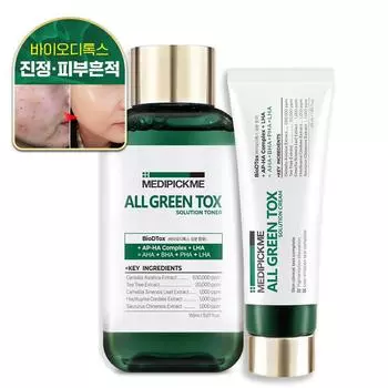 Medipickme All Green Tox Solution, набор из 2 предметов (тонер + крем) уход за проблемами, уход за прыщами, молодёжная косметика от прыщей, крем Cica, 1 шт.