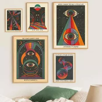 Медитация Искусство Плакат Бохо Психоделический Радуга Луна Глаза Холст Картина Картины Вдохновляющие Цитаты Принты Современный Домашний Декор 21x30cm No Framed светло-серый