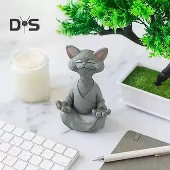 Медитация Статуя кота Сидящий котенок Фигурка из смолы Дзен Йога Животное Скульптура Домашний Офис Книжная Полка Украшение Рабочего Стола Орнамент S оранжевый