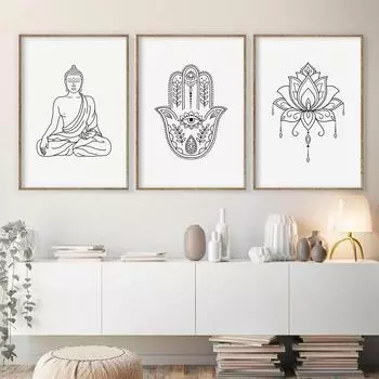 Медитирующий Будда Лотос Хамса Йога линия холст картина плакат дзен линия настенные художественные принты картины в стиле бохо для гостиной домашний декор 21x30cm No Framed белый