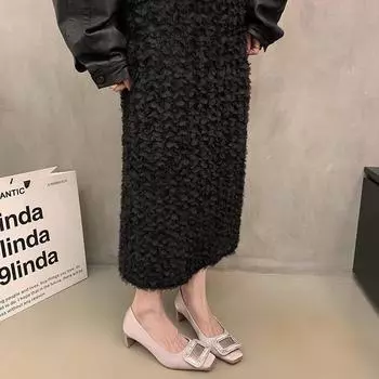 Medium and high heel square head rhinestone single shoes women s shoes 2025 spring celebrity black high-end commuter shoes 35 чёрный