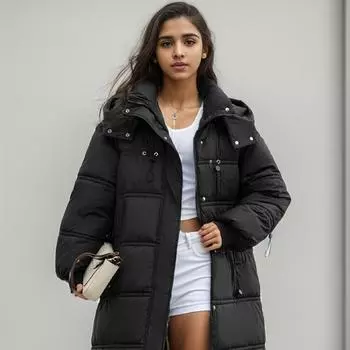 Medium and long bread clothes, clothes, women s new thickened hooded large pockets, loose large size cotton clothes. M белый