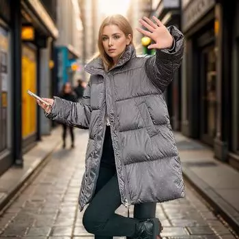 Medium and long bright diamond cotton clothes New winter new thickened warm stand-up collar fashion casual jacket M чёрный