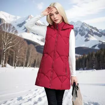 medium and long down cotton vest women s loose foreign style vest vest jacket XL [Recommended below 47.5 kg] бордовый