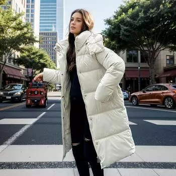 Medium and long over-knee cotton clothes women s new winter thickened hooded simple bread clothes winter coat M