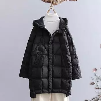 Легкая куртка-пуховик с капюшоном из прессованной резины средней и большой длины для женщин, зимняя, новая модная, универсальная и тонкая куртка из белого утиного пуха S