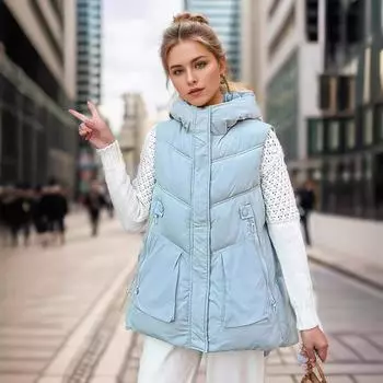 Medium and long vest women s autumn and winter new hooded thickened warm down cotton M темно-коричневого