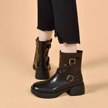 Medium boots women s autumn and winter round head thick heel Martin boots double-breasted belt buckle casual leather boots women s cotton boots 34