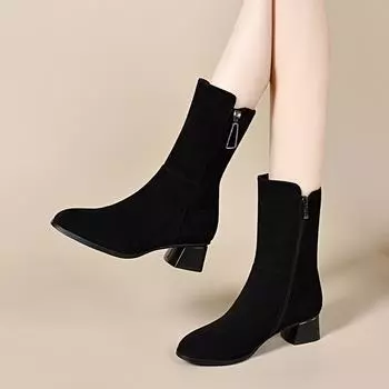 Medium boots women s autumn and winter water drop buckle thick heel high heel boots black pointed two high fashion boots knight boots 34