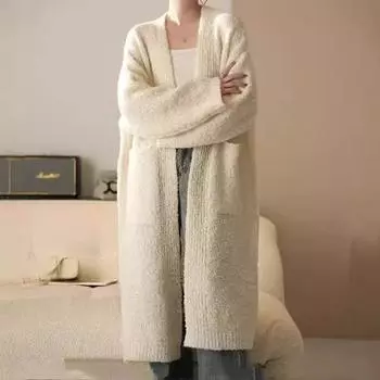 Medium Long Knitted Cardigan Looped Yarn Girl Autumn Winter Style Loose Soft Lazy Sweater Jacket Trend One Size серый