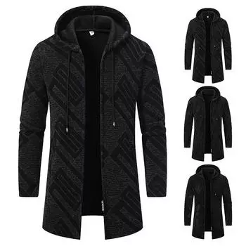 Medium To Long Men s Plush Thick Coat Cardigan for Warmth Hooded Casual Knit Sweater for Men M