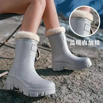Medium tube rain shoes women s integrated cotton waterproof and non-slip long tube rain boots wear-resistant camping velvet thermal high tube 36 one size smaller