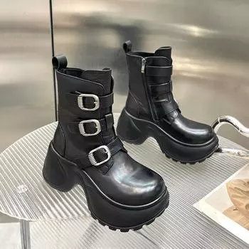 Medium tube thick-soled retro Martin boots women s British style spring and autumn new single boots thick heel thin height-increasing muffin short b 35