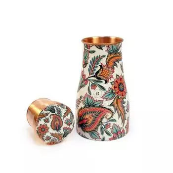 Медная банка для воды с принтом - 1 л | Со встроенным стеклом в крышке | Красивый и элегантный дизайн с принтом | Кухонный и спальный горшок для хранения сахара и воды