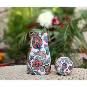 Медная банка для воды с принтом - 1 л | Со встроенным стеклом в крышке | Красивый и элегантный дизайн с принтом | Кухонный и спальный горшок для хранения сахара и воды