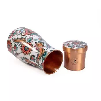 Медная банка для воды с принтом - 1 л | Со встроенным стеклом в крышке | Красивый и элегантный дизайн с принтом | Кухонный и спальный горшок для хранения сахара и воды