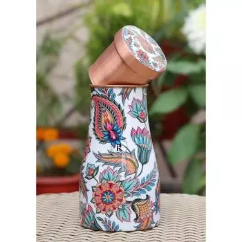 Медная банка для воды с принтом - 1 л | Со встроенным стеклом в крышке | Красивый и элегантный дизайн с принтом | Кухонный и спальный горшок для хранения сахара и воды