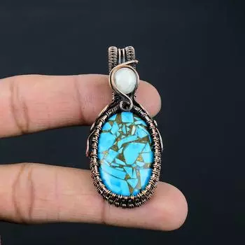 Медная бирюза и лунный камень, драгоценный камень, кулон ручной работы из чистой медной проволоки, ювелирное изделие для любви 2.40 Inches синий
