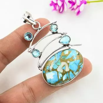 Медная бирюза, подвеска с голубым топазом, ювелирные изделия из цельного серебра 925 пробы с драгоценными камнями, подвеска ручной работы, на День благодарения 2.48 Inches синий