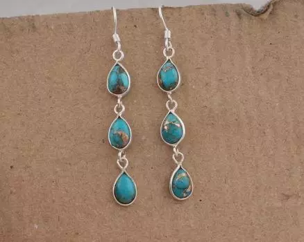 Медная бирюзовая серьга с драгоценным камнем Стерлинговое серебро 925 пробы с граненой грушей ручной работы Дизайнерская серьга с подвеской и подвеской с драгоценным камнем - около 6,5 г