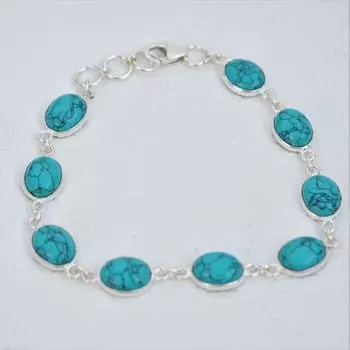 Медная бирюзовая серьга Стерлингового серебра 925 пробы Браслет ручной работы Дизайнерский браслет Женский серебряный браслет с драгоценными камнями 7 бирюзовый