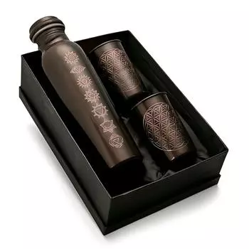 Медная бутылка для воды 1 л | Медная бутылка для воды с набором стаканов | Работа Минакари | 100% чистая | Герметичная | 2 стакана для воды по 300 мл каждый