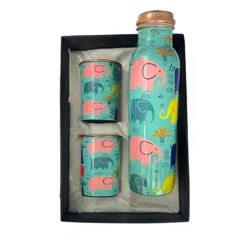 Медная бутылка для воды 1 л | Медная бутылка для воды с набором стаканов | Работа Минакари | 100% чистая | Герметичная | 2 стакана для воды по 300 мл каждый