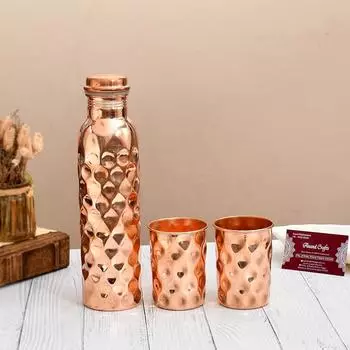 Медная бутылка для воды 1 л | Медная бутылка для воды с набором стаканов | Работа Минакари | 100% чистая | Герметичная | 2 стакана для воды по 300 мл каждый