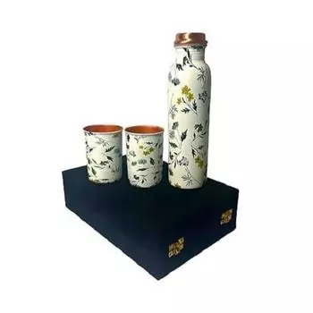 Медная бутылка для воды 1 л | Медная бутылка для воды с набором стаканов | Работа Минакари | 100% чистая | Герметичная | 2 стакана для воды по 300 мл каждый