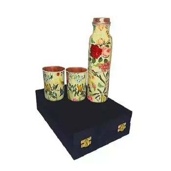 Медная бутылка для воды 1 л | Медная бутылка для воды с набором стаканов | Работа Минакари | 100% чистая | Герметичная | 2 стакана для воды по 300 мл каждый