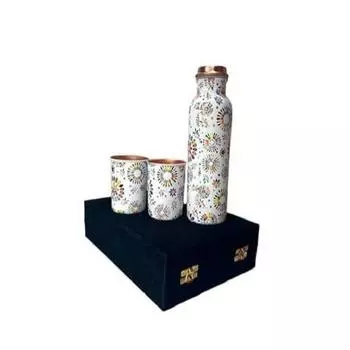 Медная бутылка для воды 1 л | Медная бутылка для воды с набором стаканов | Работа Мина | 100% чистая | Герметичная | 2 стакана для воды по 300 мл каждый | Лучшее для подарка