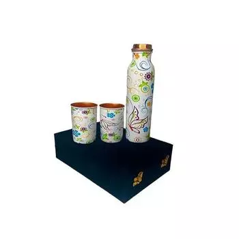 Медная бутылка для воды 1 л | Медная бутылка для воды с набором стаканов | Работа Мина | 100% чистая | Герметичная | 2 стакана для воды по 300 мл каждый | Лучшее для подарка