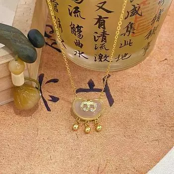 Медная монета, белый нефритовый костный мозг и ожерелье с сокровищами, женская китайская эмблема в национальном стиле на ключицу
