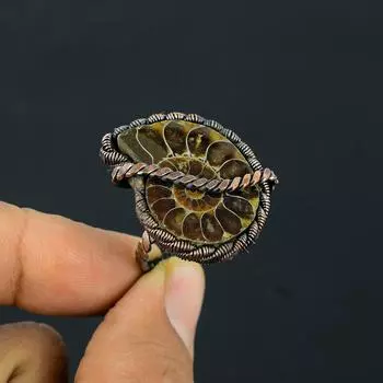 Медная проволока драгоценного камня ископаемого аммонита обернутая кольцо ювелирных изделий ручной работы для свадебного подарка 4 зелёный