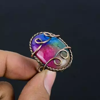 Медная проволока драгоценной камня кварца радуги обернутая кольцо ювелирных изделий Хандмаде для подарка 4 розовый