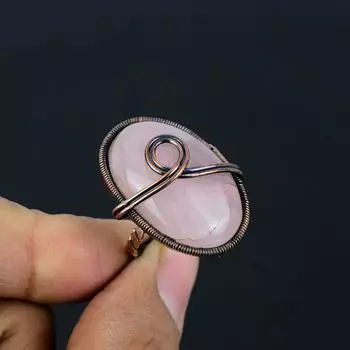 Медная проволока с драгоценными камнями из розового кварца, обернутая ювелирным кольцом ручной работы, подарок для нее 4 розовый