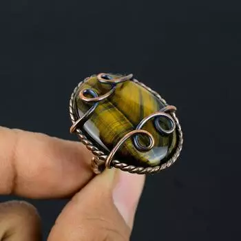 Медная проволока с драгоценными камнями тигрового глаза, обернутая ювелирным кольцом ручной работы для женщин 4 жёлтый