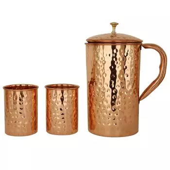 Медная современная художественная печать и матовая отделка антикварная бутылка для воды для йоги (Кувшин с 2 стаканами)