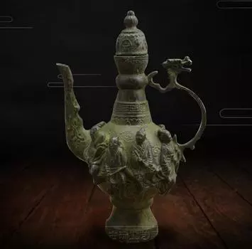 Медная статуэтка, антиквариат, полностью бронзовая, восемь бессмертных, медный горшок для вина и горшок для воды, орнамент