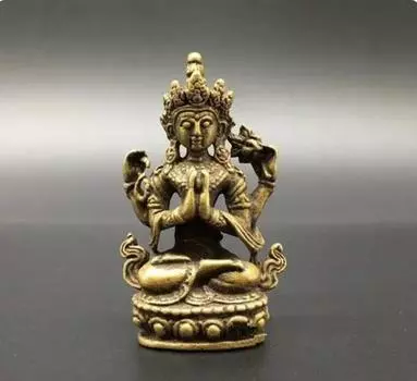 Медная статуя, китайская чистая латунь, маленькая статуя Гуаньинь с четырьмя руками