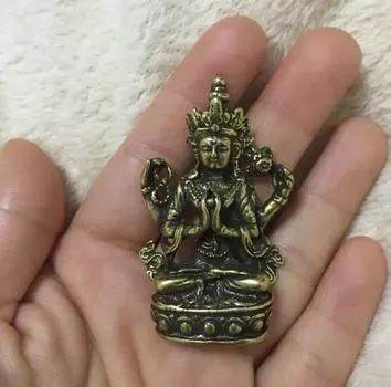 Медная статуя Тибетский буддизм Мяо Серебро 4 руки Ченрезиг Статуя Будды Авалокитешвары
