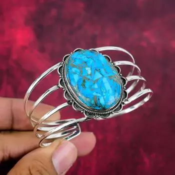 Медно-голубая бирюза ювелирные изделия ручной работы драгоценный камень браслет, 925 цельный стерлингового серебра манжета антикварные ювелирные изделия, для помолвки подарок Adjustable синий