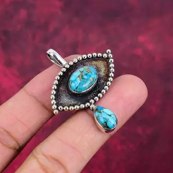Медно-голубая бирюзовая бижутерия, подвеска из драгоценного камня ручной работы, 925 пробы, серебряная подвеска, антикварная бижутерия, для подарка на помолвку 1.96 Inches синий