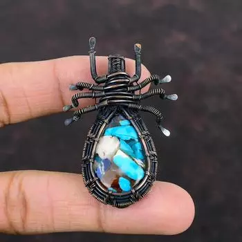 Медно-голубая бирюзовая подвеска, медная проволока, обернутая в паука, подвеска ручной работы, медная проволока, ювелирное изделие в подарок маме, обернутое драгоценными камнями