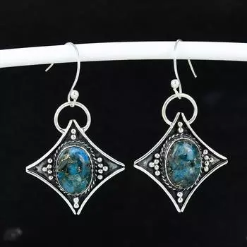 Медно-голубой апатит антикварные серьги 925 стерлингового серебра серьги, Бохо серебряные ювелирные изделия серьги-подвески, подарки на день рождения подарки для нее 4 Cm синий